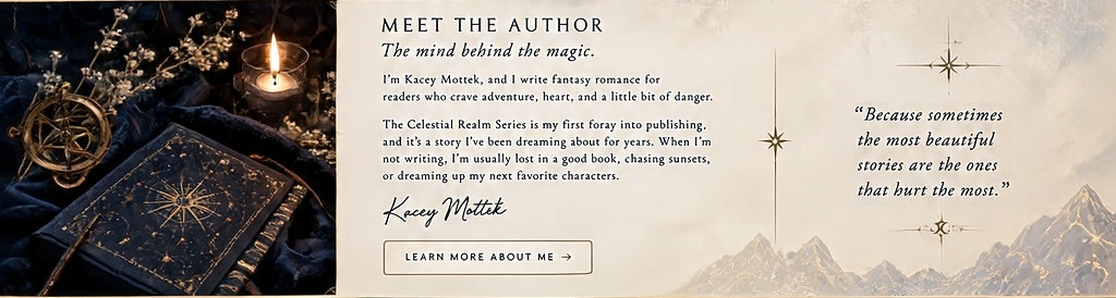 Celestial writing desk and candlelit books, inspired by the author's magical world